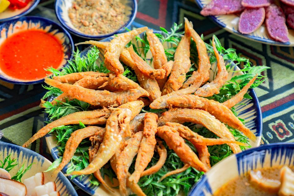 Fish — White fish in a seasoned coating, fried crisp.